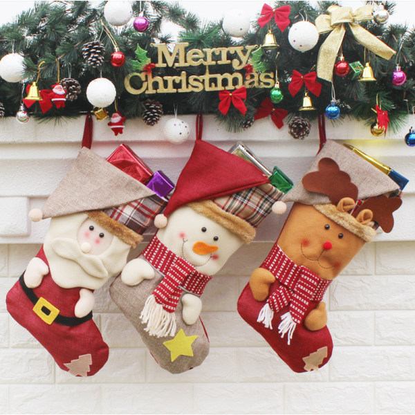 Julestrømpe, 18" sæt med 3 julemand, snemand, rensdyr, 3D