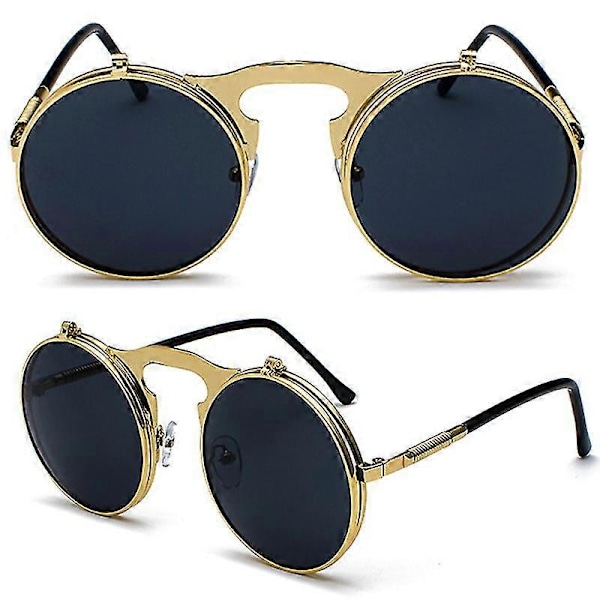 Miesten Naisten Retro Käännettävät Pyöreät Steampunk-aurinkolasit Suojalasit Pyöreät Aurinkolasit Vintage-silmälasit Gold Frame Black Gray Lenses