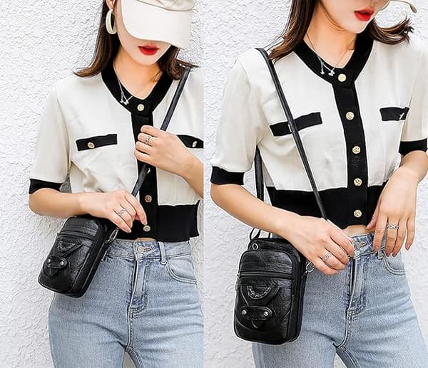 Dam Crossbody Telefonväska, Små Mjuka Läderhandväskor Axelväskor Dam Multifunktionell Påse Mini Messenger Väska Black