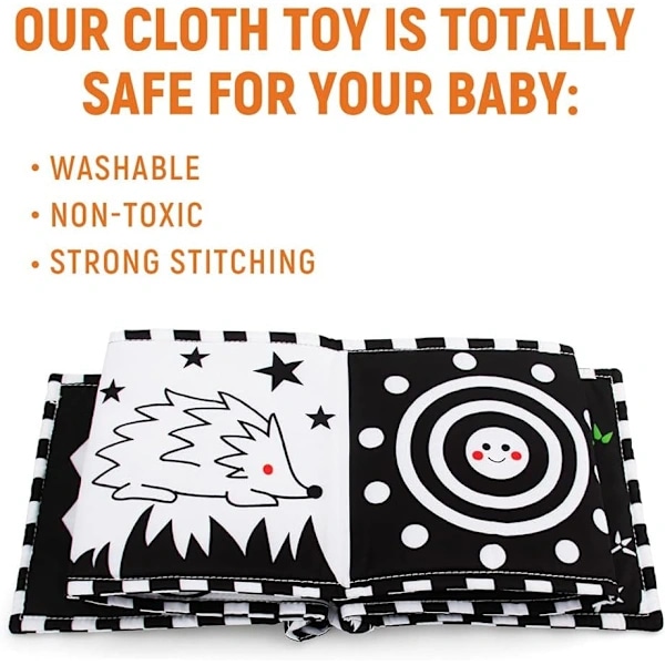 Svartvita sensoriska babyleksaker med hög kontrast, mjuk babybok för