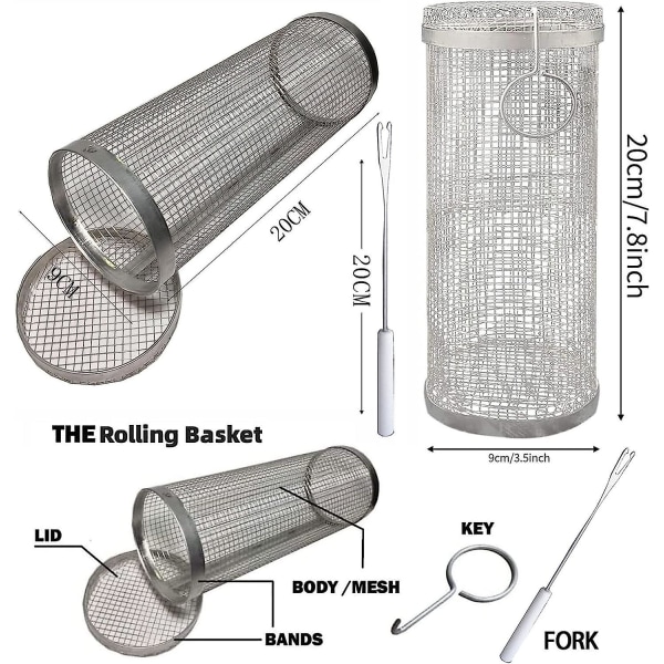 2 rullaavaa grillikoria (20 x 9 x 9 cm) Suurin pyöreä ruostumattomasta teräksestä valmistettu grillikori vihanneksille, siruille, kalalle