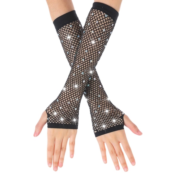 Rhinestone Long Fishnet Fingerless Gloves Fishnet Hansker