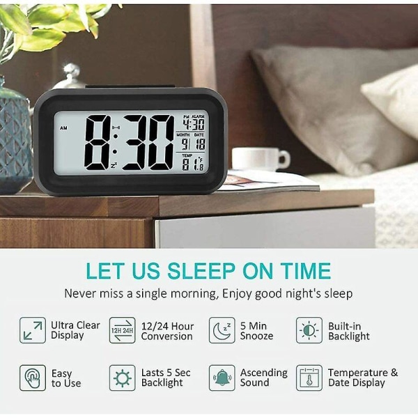 Digital Alarm Clock Morgen Alarm Clock, Stille Batteridrevet Digital Alarm Clock for Barn Voksne Stor LED-skjerm Temperatur Kalender (Svart)