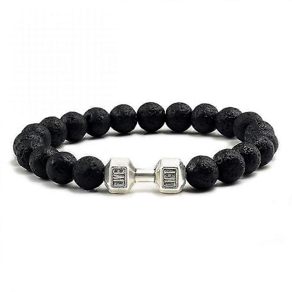 Naturlig sort vulkansk lavasten dumbbell armbånd sorte matte perler armbånd til kvinder mænd fitness vægtstang smykker BOW Black matte silver