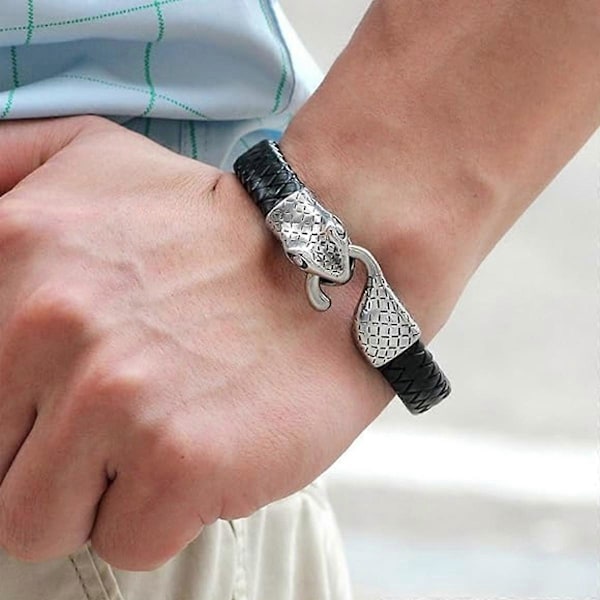 Färgat flätat läderarmband herr dam rostfritt stål ormhuvudspänne handledsmanschett armband