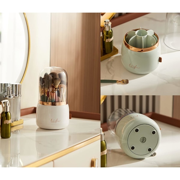 Makeup Børsteholder Organizer med Låg 360 Roterende Støvtæt Makeup Børster Organizer Kosmetik Opbevaring til Toiletbord og Badeværelse Pearl White
