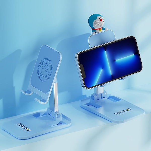 A Dream Home Skrivbordsställ i aluminiumlegering för mobiltelefon, Multifunktionell hopfällbar lat mobiltelefonhållare - Blue With 3D doll