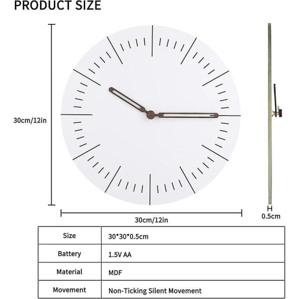 Träväggpendel, tyst rund klocka, modern smal väggklocka, traditionell väggklocka, dekoration för sovrum, vardagsrum, kontor (30 cm, Thi