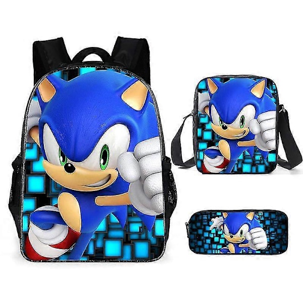 Sonic Grundskola Skolväska Tredelat Set Anime Tecknad Ryggsäck Axelväska Pennfodral hög kvalitet I backpack