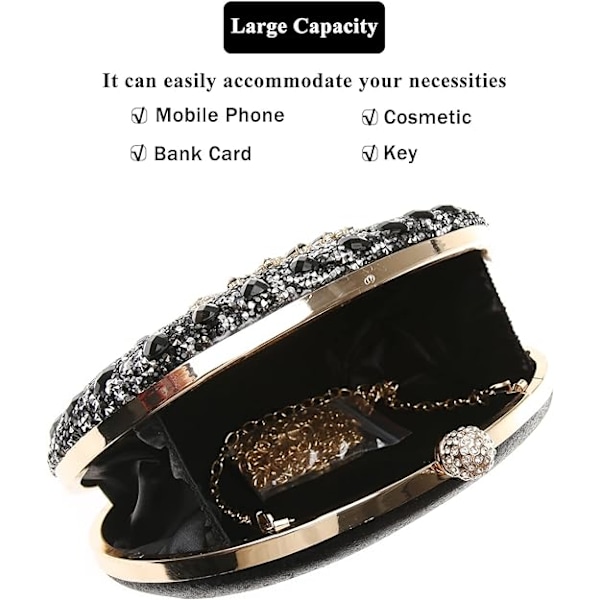 Dam Glittrig Rhinestone Glitter Clutch Väska Kvällsväska Axelväska för Bröllopsfest Bal black