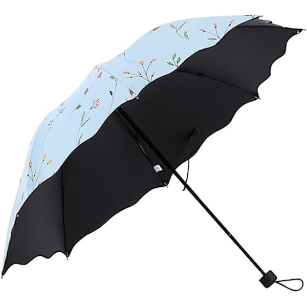 Foldbar Solskærm, Bærbar UV-beskyttende Paraply Dame Blomster Solparasoller Vindtæt Stærk Kompakt Paraply Sommer UPF 50 light blue