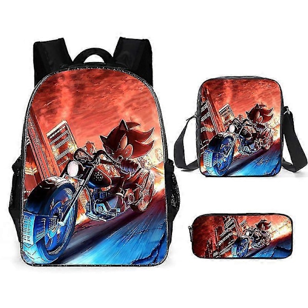 Sonic Grundskola Skolväska Tredelat Set Anime Tecknad Ryggsäck Axelväska Pennfodral hög kvalitet O backpack