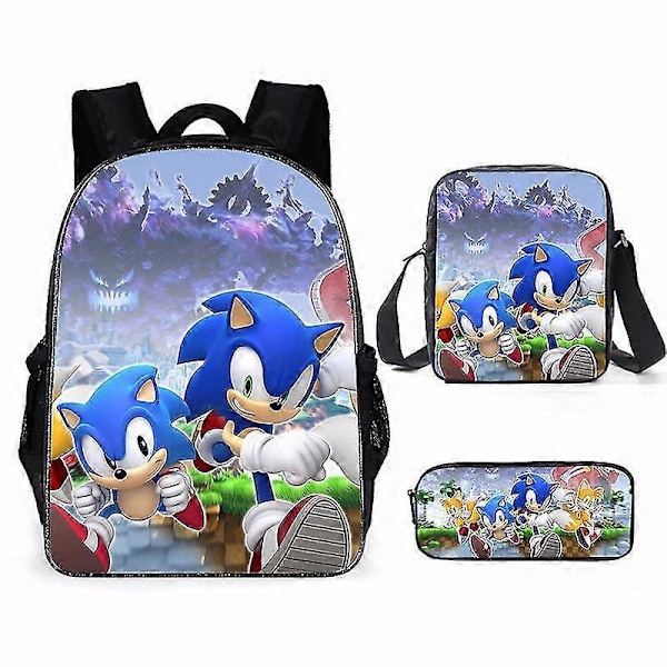 Sonic Grundskola Skolväska Tredelat Set Anime Tecknad Ryggsäck Axelväska Pennfodral hög kvalitet 2 Shoulder bag