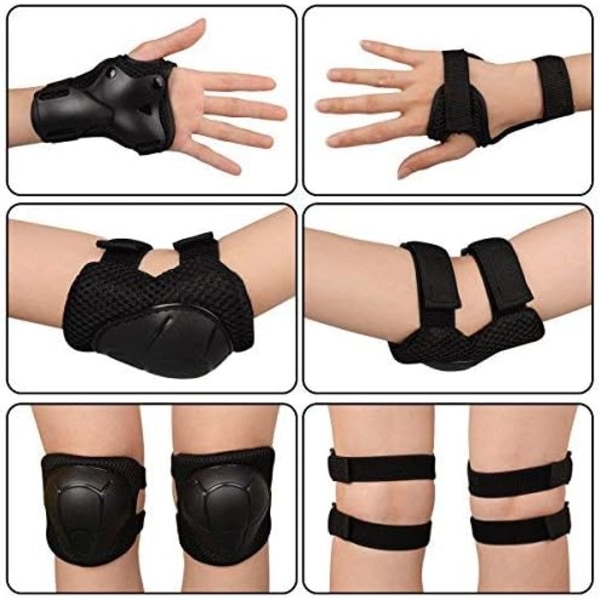 Skate-skydd för barn 6 st Justerbara knäskydd armbågsskydd handledsskydd skyddsutrustning set för cykling rullskridskoåkning sparkcykel Black