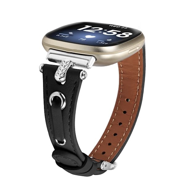 Fitbit Versa 3/4 læderurrem med T-formet Rhinestone Design Sort Sort, A