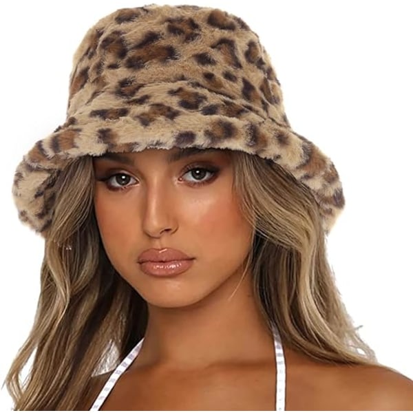Vinter Fake Bucket Hat Leopard Print Uld Plys Bucket Hat