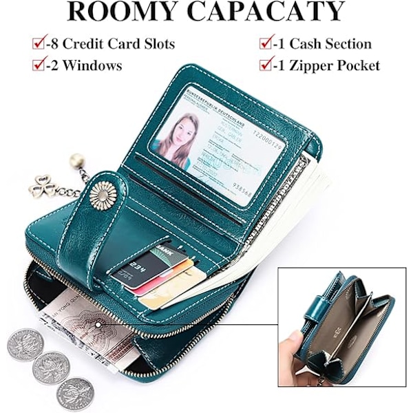 Plånböcker för Kvinnor Äkta Läder Liten Bifold Kompakt Damplånbok med RFID-skydd Blue