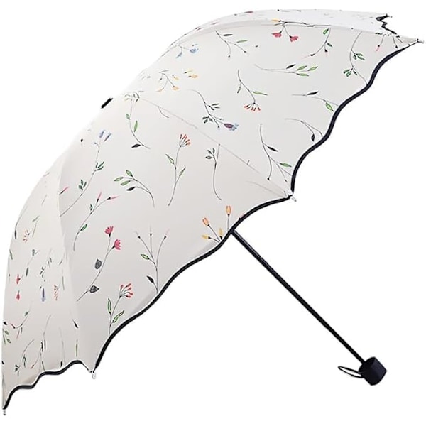 Foldbar Solskærm, Bærbar UV-beskyttende Paraply Dame Blomster Solparasoller Vindtæt Stærk Kompakt Paraply Sommer UPF 50 white