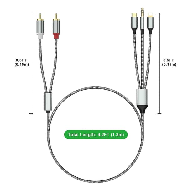 Lightning til RCA Kabel Audio Aux Adapter, RCA til 3.5mm Kabel USB C til 2 RCA Audio Kabel, 3 i 1 audio kabel til Bil, Hjem