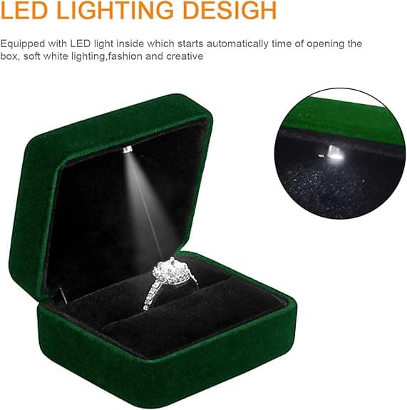 Sammet Ringbox med LED-ljus Smyckesdisplay Presentförpackning för Frieri, Förlovning, Bröllop Emerald