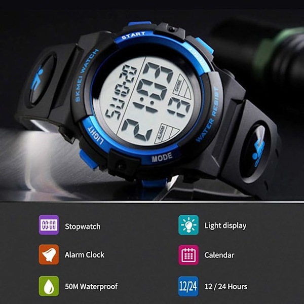 Barnklocka, Pojkklocka för 6-15 åriga pojkar, Digital Sport Utomhus Multifunktionell Kronograf LED 50 M Vattentät Alarm Kalender Analog Klocka