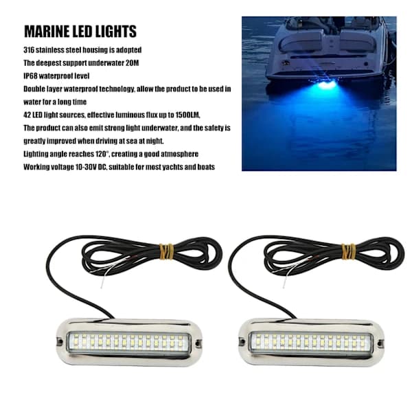 Vanntett Marin LED Båtlampe - Blå, 42 LEDs, 10-30V DC, Undervanns, Dreneringsplugglampe