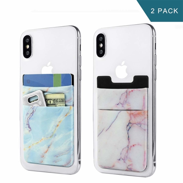 2 fleksible telefonkortklemmer fastgjort til ærmet til de fleste smartphones (blå og pink marmor)