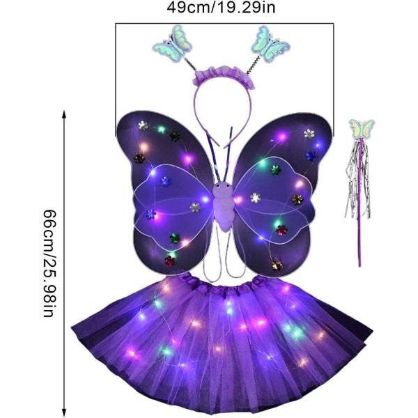 Fe kostume til piger - Prinsesse udklædningssæt med fe vinger - Inkluderer LED nederdel, tryllestav og fest pandebånd lilla