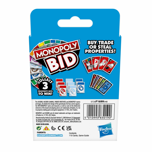 1 box Monopol budgivningsspel, snabbt kortspel för 4 spelare, spel för familjer och barn från 7 år och uppåt
