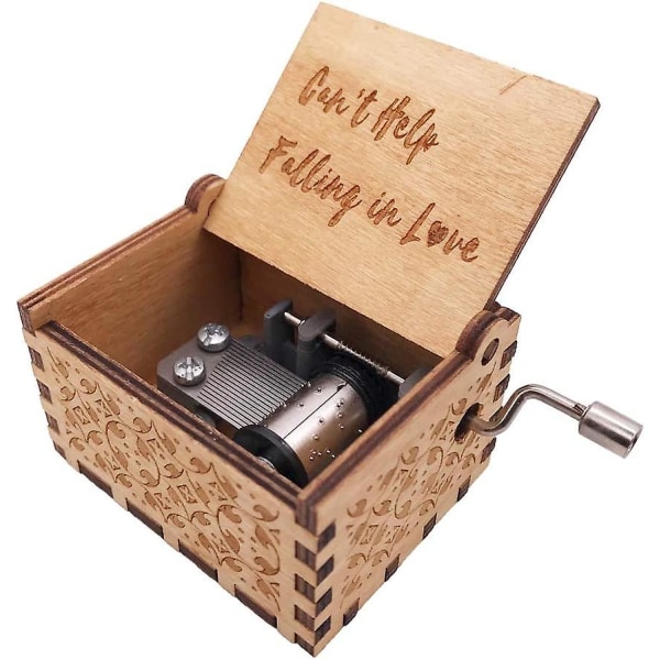 Mini Wooden Music Box with Hand Engraved Crank for Christmas, Valentine's Day, 18 Notes (Can't Help Falling in Love)