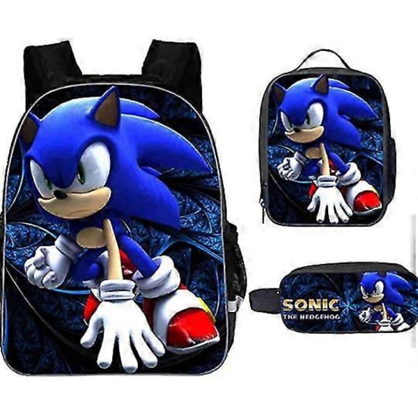 Sonic Grundskola Skolväska Tredelat Set Anime Tecknad Ryggsäck Axelväska Pennfodral hög kvalitet W Shoulder bag