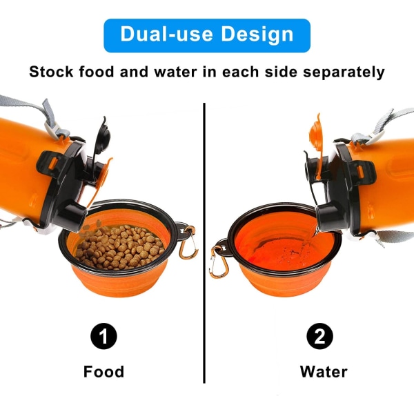 Koiran vesipullo 2 kasaan taittuvalla kulholla, kannettava 2-in-1 vesipullo