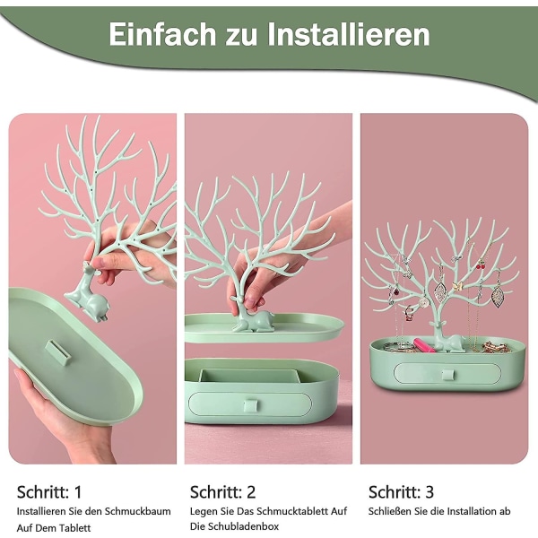 Smykkeholder i træ (grøn), smykkestativ i plast med skuffer, smykkeholder til øreringe, halskæder, armbånd, ure og ringe