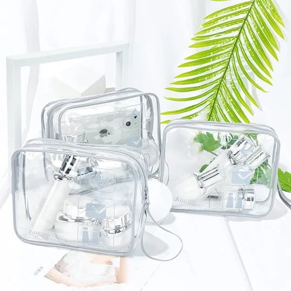Transparent Toalettväska, Resekit för Flyg, Sminkväska i Vattentät PVC för Resor, Förvaringsväska för Flygresor, 3-pack