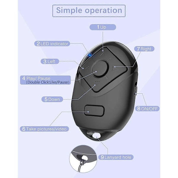 Bluetooth Fjernbetjening til iPhone & Android, TikTok Side Vender Afspil/Pause Kamera Fjernbetjening, 6 Knapper white