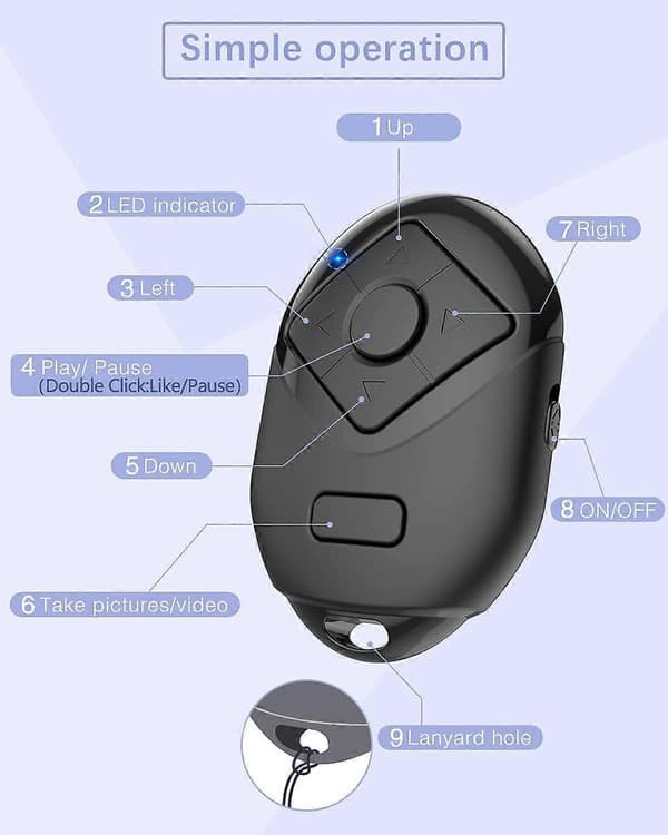 Bluetooth Fjernkontroll for iPhone & Android, TikTok Sidevender Spill/Pause Kamerautløser, 6 Knapper white