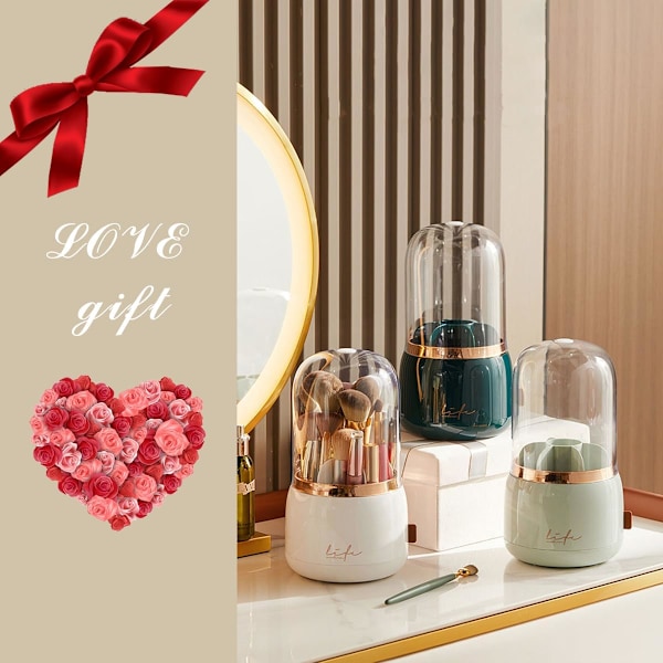 Makeup Børsteholder Organizer med Låg 360 Roterende Støvtæt Makeup Børster Organizer Kosmetik Opbevaring til Toiletbord og Badeværelse Butter Yellow