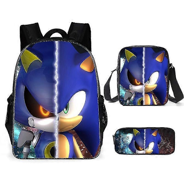 Sonic Grundskola Skolväska Tredelat Set Anime Tecknad Ryggsäck Axelväska Pennfodral hög kvalitet B Shoulder bag