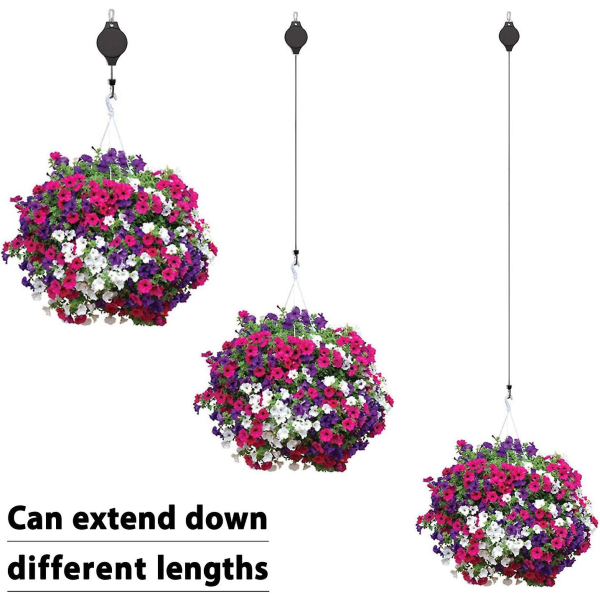 Set med 4 stk. Inntrekkbare remskiver for å henge innendørs og utendørs planter, blomsterpotter, hagekurver og fuglematere - Svart