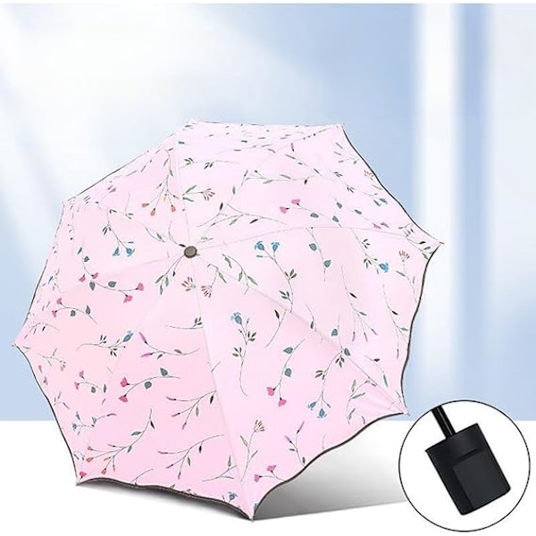 Foldbar Solskærm, Bærbar UV-beskyttende Paraply Dame Blomster Solparasoller Vindtæt Stærk Kompakt Paraply Sommer UPF 50 pink