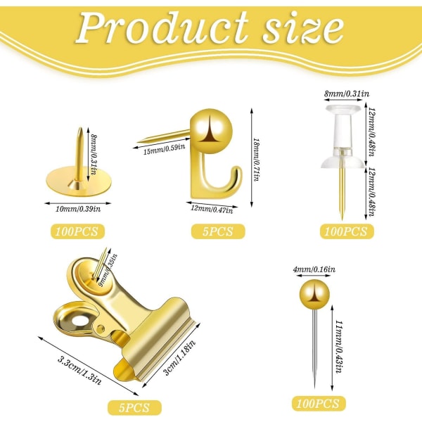 Pakke med 310 korktavle trykknapper 4x, 5 stiler gull trykknapper korktavle knapper metall stål papirklips med oppbevaringsboks for kontor hjem skole