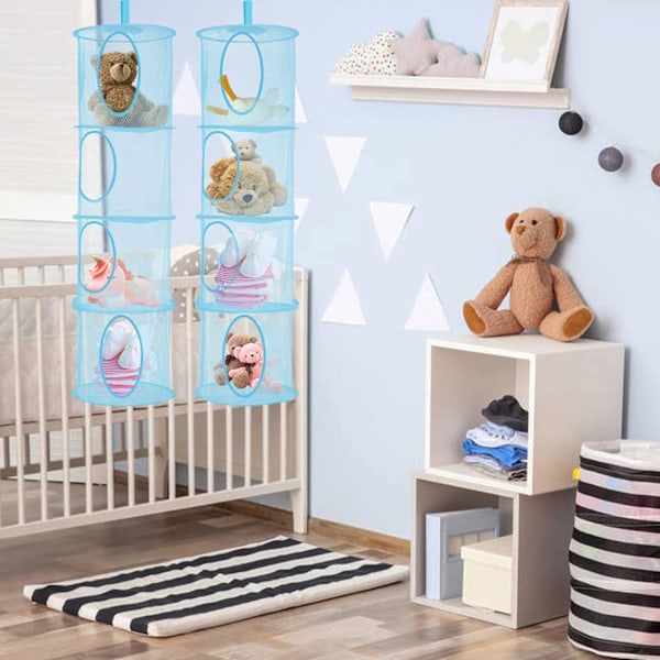 Hengende Oppbevaringsnett i Mesh, 2-pakning Sammenleggbar Hengende Leketøyoppbevaring, 4 Rom Sammenleggbar Hengende Oppbevaringskurv Teddy Oppbevaringsnett blue