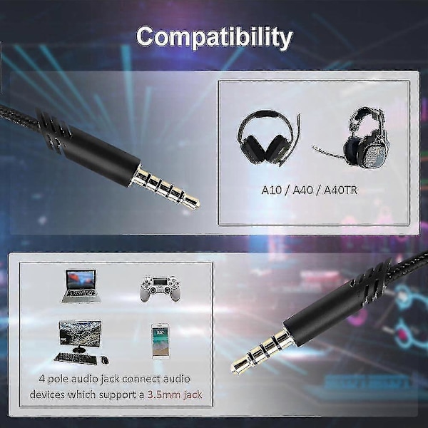 Ersättnings A10-kabel Kompatibel med Astro A10 Headset, Qjyth A10 Inline Volym Ljudkabel för Astro A10/a40/a40tr Gam