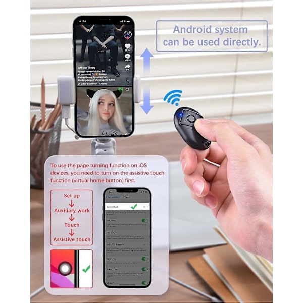 Bluetooth Fjernbetjening til iPhone & Android, TikTok Side Vender Afspil/Pause Kamera Fjernbetjening, 6 Knapper Black