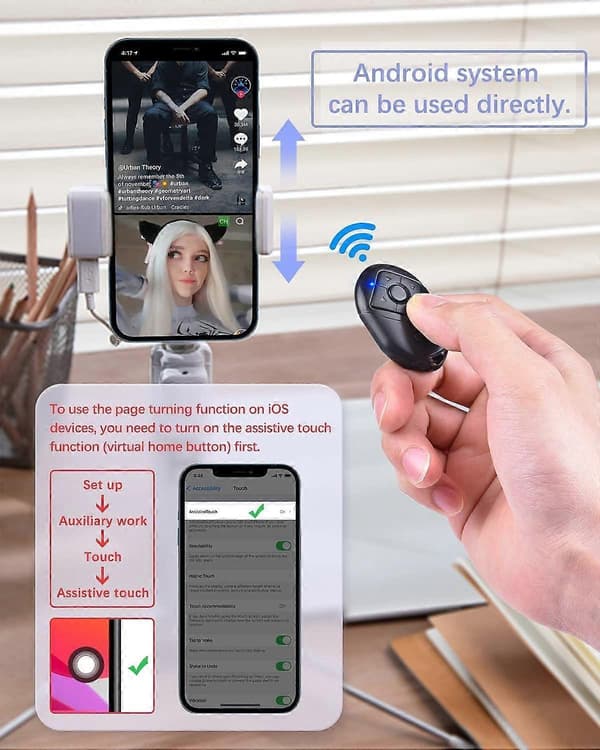 Bluetooth Fjernkontroll for iPhone & Android, TikTok Sidevender Spill/Pause Kamerautløser, 6 Knapper Black