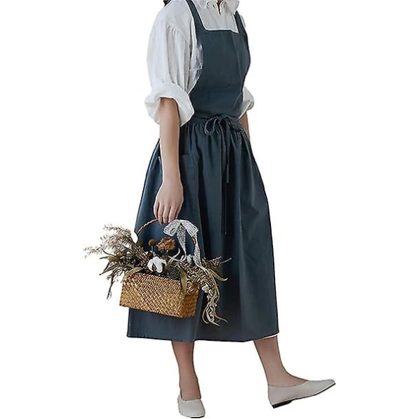 103*86cmWomen's Aprons Japanese Style Cross Straps Bib Solid Color Cotton Vintage Kitchen Apron with 2 Pockets for Chef Gardening Florist Pastry Coffe