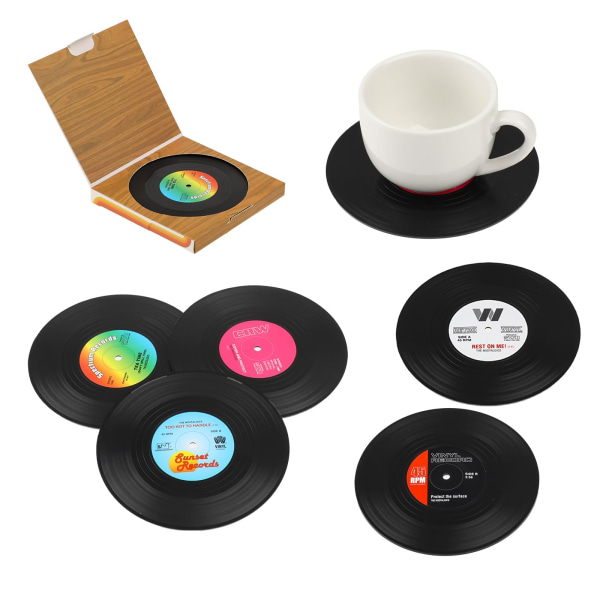 En 6-delad set med halkfria vintage drinkunderlägg för vinylskivor, roliga cd-underlägg för te, kaffe, hem, kök, matsal, kontor, inredning