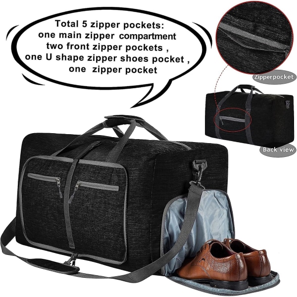 Herre sammenleggbar duffelbag vanntett stor lett sportsbag camping fotturer sammenleggbar 65L (svart)
