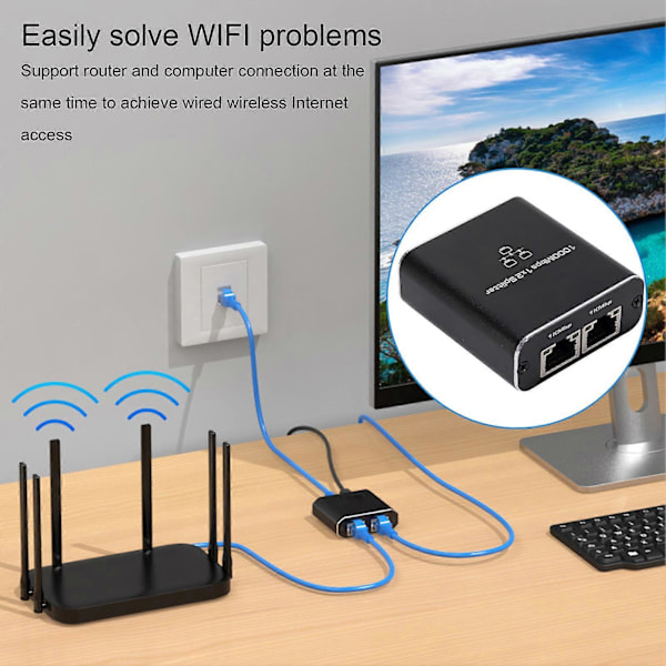 Ethernet Splitter 1000mbps Høy Hastighet 1 til 2 Enheter Samtidig Nettverk Stabil Signaloverføring Nettverk Splitter