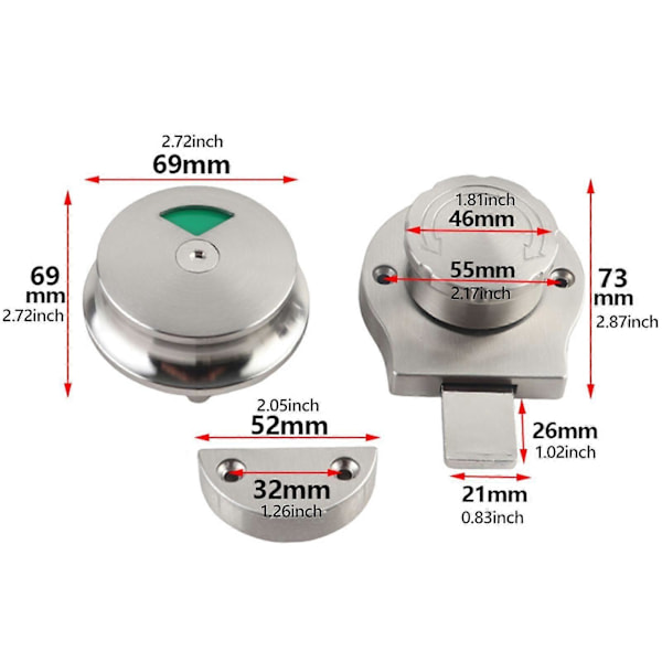 Badrumsdörrlås Dead Bolt Sekretess Partition Dörrlås för Toaletter Hotell Silver Silver